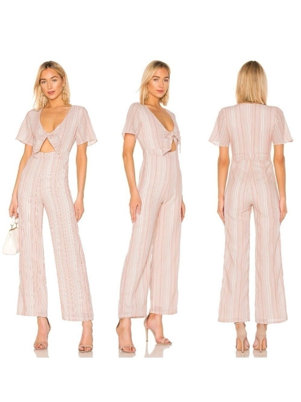 superdown Blush & White Striped Tie-Front Wide-Leg Jumpsuit